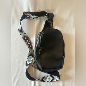 Black Leather Crossbody Sling Bag with Patterned Strap